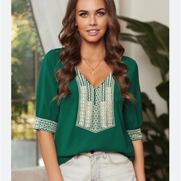 Shein Boho Green Deep V-neck Half
Sleeve Embroidery Patch Blouse - Picture 1 of 6